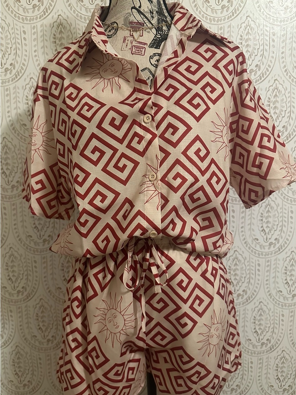 Women's Red Geometric & Sun Print Short Set